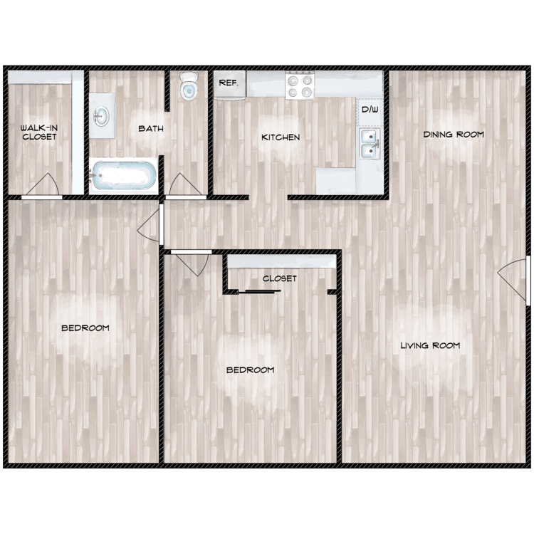 Floor plan for 2 beds, 1 bath, 988 sqft